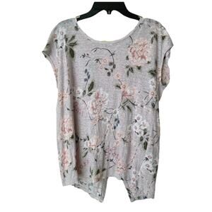 Rachel Ashwell Women’s S Linen Top Gray Floral Print Button Back Blouse Cottage